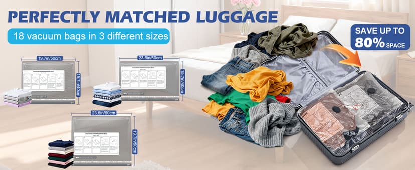 Travel Vacuum Storage Bags with Rechargeable Air Pump, 18 Pack Portable Space Saver Bags, Compression Bags for Clothing, Bedding, Seasonal Storage & Packing Bags for Moving