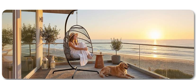 NICESOUL Hanging Egg Chair with Stand Indoor Outdoor, Comfy Patio Rattan Swing Hammock Chairs with Cushion, 350lbs Capacity Egg Shaped Chair for Lawn Backyard Balcony Bedroom, Birthday Gift, Beige