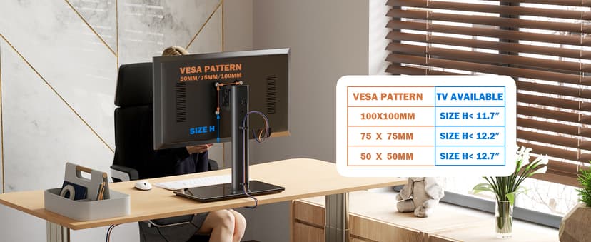 Single LCD Computer Monitor Free-Standing Desk Stand Mount Riser for 13 inch to 32 inch screen with Swivel, Height Adjustable, Rotation, Vesa Base Stand Holds One (1) Screen up to 77Lbs(HT05B-001))