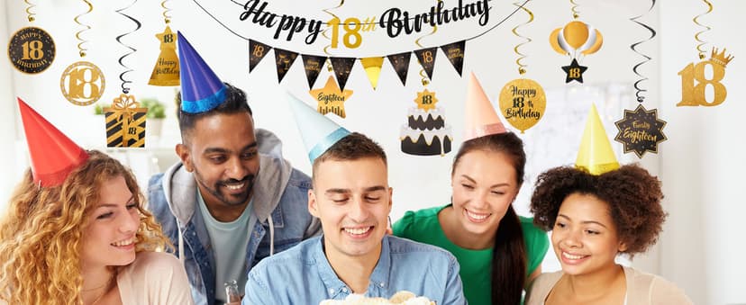 Black & Gold 18th Birthday Banner with 10PCS Swirls - Happy 18th Birthday Decorations for Boys & Girls