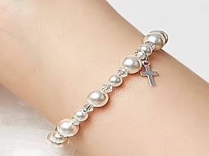 Baby Crystals Pearl Bracelets for Girls, Sterling Silver Cross Charm, Baptism Gifts for Girl, Baby Bracelet with Simulated White Pearls and Crystals, Girls Jewelry Birthday Gift