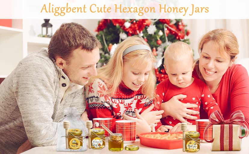 Aliggbent 48 Pack Mini Honey Jars Party Favors in Bulk, 1.5 oz Small Hexagon Glass Honey Jars with Dippers, Lids, Cute Stickers, Bee Charms, Gift Bags and Jute for Baby Showers, Weddings & Birthdays