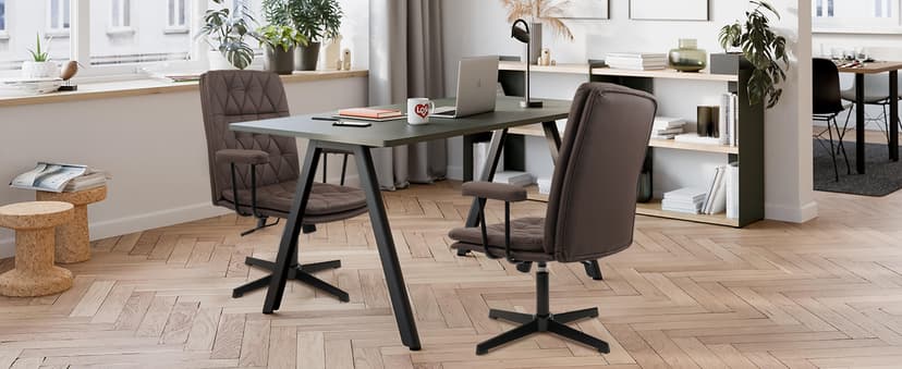 CLATINA Office Chair No Wheels, Leather Criss Cross Desk Chairs with Arms, Modern Cross Legged Computer Chair, Mid Back Height Adjustable Swivel Task Vanity Chair for Home Office, Chocolate Brown