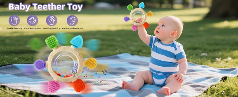 VTECHOLOGY Baby Teething Rings Toys for 0-6 6-12 Months Baby Rattle Teether Sensory Toys for Babies 0-24Months Silicone Teether Relief Chew Soothing Sore Gums for Newborn Infant Essentials BPA Free