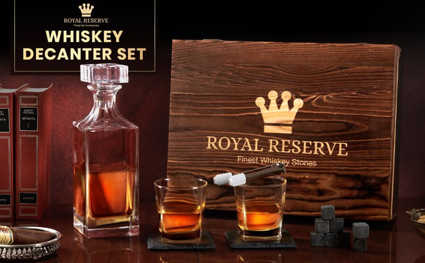 Whiskey Decanter Gift Set by Royal Reserve – Liquor Bourbon Decanter 24 oz 750 ml with Glasses, Chilling Stones, Coasters and Tong – Whiskey Gifts for Men, Husband, Dad, Boyfriend