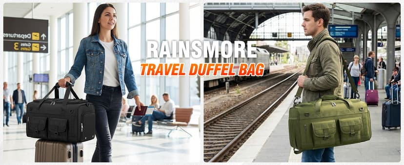 RAINSMORE Gym Bag for Men, 45L Large 3 in 1 Sports Duffle Bag with Shoes Compartment & Wet Pocket Water-Resistant Sports Travel Weekender Bag Multipurpose Carry On Overnight Tactical Backpack, Black