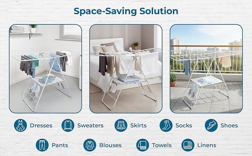 Honey-Can-Do Heavy-Duty Foldable Laundry Drying Rack – Portable Shoes & Clothes Rack for Indoor & Outdoor Use, Space-Saving Design, Easy to Fold Gullwing Design, Sturdy Metal, 50lb. Capacity, White