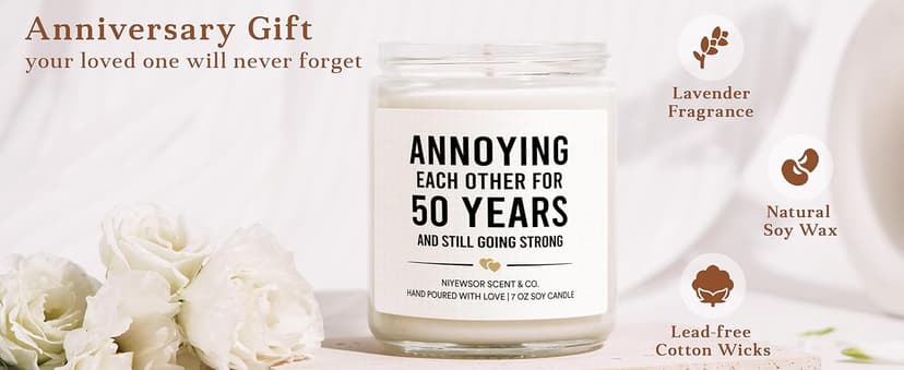 Niyewsor 50th Wedding Anniversary Couple Gifts, 50th Anniversary Candle Gifts for Couple, Parents, Husband, Wife, Him, Her, Friends, Golden Wedding Keepsake, Handmade, 7oz