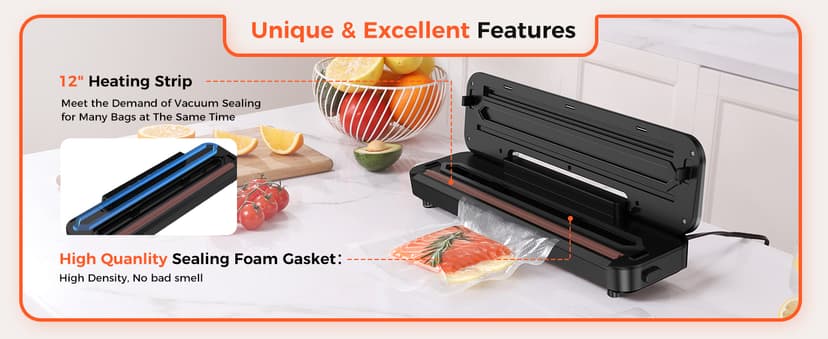 Vacuum Sealer Machine 75KPa Food with 6-in-1 Dry/Moist Modes & Digital Timer, Compact Lightweight Design, Built-in Cutter + 10 Bags (Black Silver)