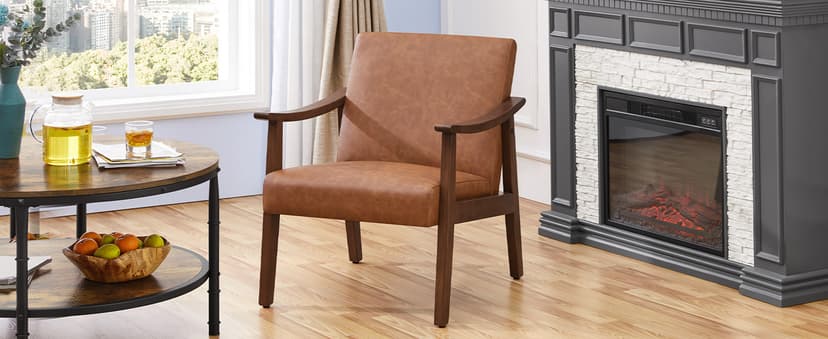 Yaheetech PU Leather Accent Chair, Mid-Century Modern Armchair with Solid Wood Legs, Reading Leisure Chair with High Back for Living Room Bedroom Waiting Room, Brown