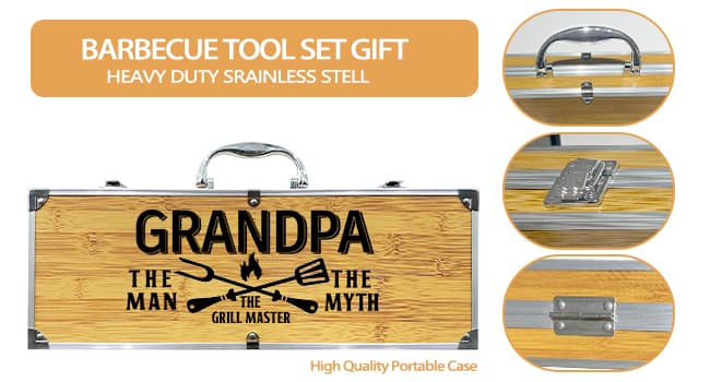 Grandpa Gifts from Grandkids, Fathers Day Grandpa Gift Heavy Duty Wooden BBQ Grilling Accessories Kit for Backyard, Thick Stainless Steel Grill Utensils with Non-Slip Handle Tools in Portable Bag