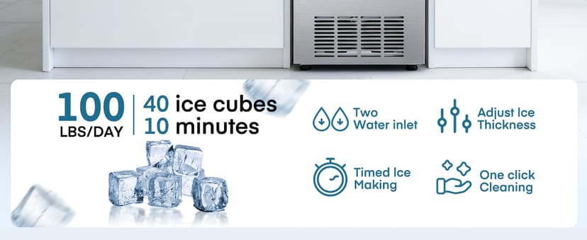 Commercial Ice Maker Machine, 100LBS/24H Freestanding & Undercounter Ice Machine with 2 Water Inlets, 40 PCS/Cycle and 24LBS Storage Bin, Stainless Steel, LED Display & Self-Cleaning for Home Bar