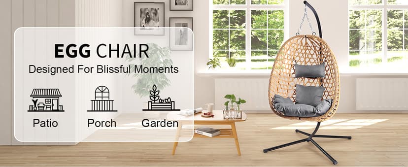 LEX CRAFT Egg Chair with Stand, Patio Wicker Hanging Chair, Hammock Swing Chair, 350LBS Capacity for Bedroom, Balcony, Garden (YE-GR)