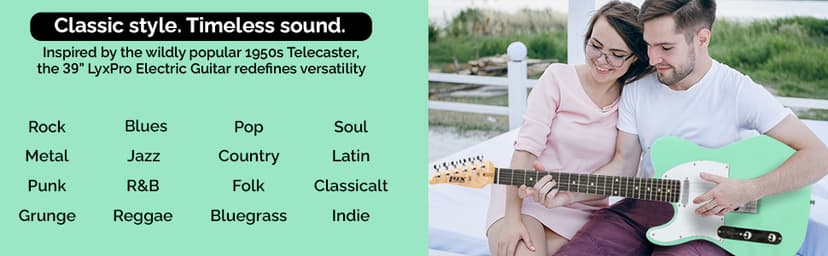 LyxPro 39” Electric Guitar Left Hand TL Series, Full-Size Paulownia Wood Body, 3-Ply Pickguard, C-Shape Neck, Ashtray Bridge, Quality Gear Tuners, 3-Way Switch & Volume/Tone Controls, 2 Picks, Green