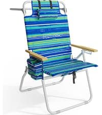 Tall Beach Chairs for Adults, 17" High Backpack Beach Chair with Wooden Armrests, 5 Positions Reclining Heavy Duty Chair with Large Cooler Pouch, Support to 350LBS Striped Blue,1pack