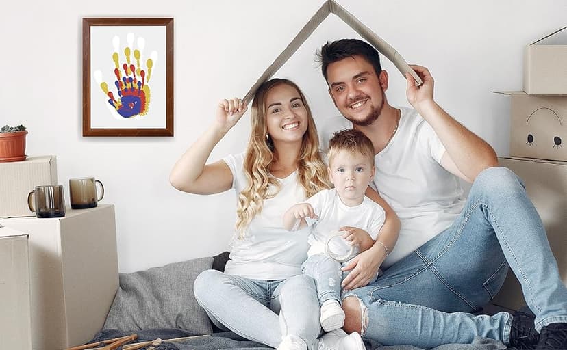 Family Handprint Kit, DIY Craft Keepsake Wooden Frame, Endless Gift Set, Non-Toxic Paints, Transparent Sheets (Brown)