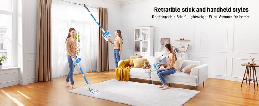 BSNAW Cordless Vacuum Cleaner for Home - Lightweight, Stick Vacuum Clean with Rechargeable Battery, Max 45Mins Runtime, 8 in 1 Handheld Vacuum for Hardfloor & Carpets Pet Hair, Blue&White