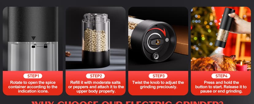 Electric Salt and Pepper Grinder Set Automatic Battery Pepper Mill Shakers Adjustable Coarseness Upgraded Larger Capacity with Led Home and Kitchen Appliances Christmas Gifts for Women