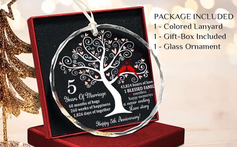 5th Wedding Anniversary Glass Ornament for Couple, Wife, Husband or Parents, Unique Wood Wedding Anniversary Idea, A Meaningful Christmas Decor to Celebrate Five Years of Love