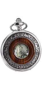 VIGOROSO Vintage Hand Wind Up Pocket Watches for Men, Mechanical Pocket Watch with Chain, Mens Skeleton Pocketwatch