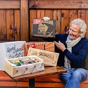 Dan the Sausageman Juneau Gourmet 8 items Gift Basket - Original Summer Sausage, Wisconsin Cheese, Mustard, Craker, Olives, Nuts and Candy | Gift Snack Box