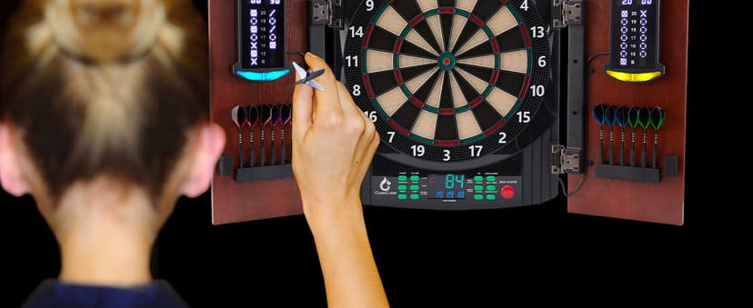 Electronic Dart Board with Wooden Door, Electric Dartboard with Heckler & Light Effects, Digital Soft Tip Dartboards for Game Room Man Cave Bar, 12 Darts, 100 Soft Tips