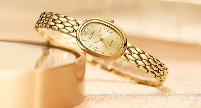 Diaofendi Petite Vintage Oval Gold Women’s Watch, Waterproof Elegant Watch with Japanese Quartz Movement, Adjustable Strap with Tool