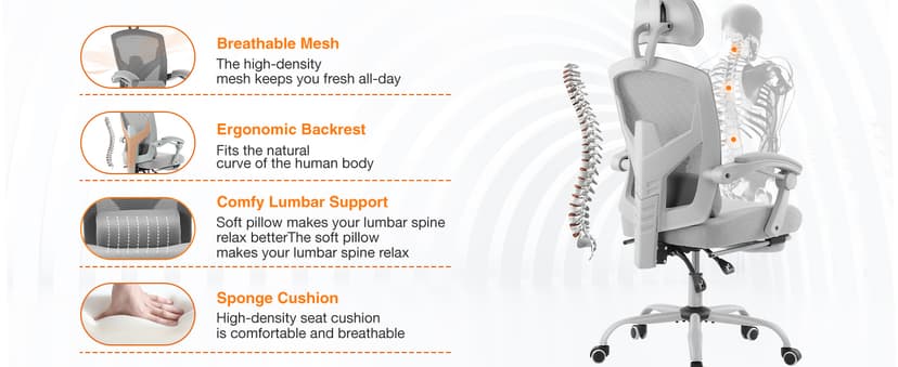 Sweetcrispy Office Computer Desk Chair with Footrest,Ergonomic High-Back Mesh Rolling Work Swivel Chairs with Wheels,Comfortable Lumbar Support,Comfy Arms for Home,Bedroom,Study,Student,Light Grey