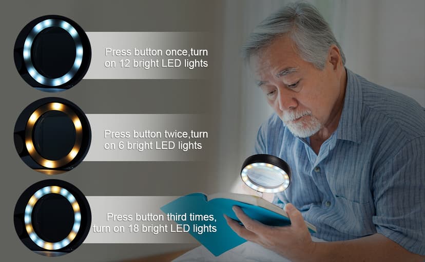 JMH Magnifying Glass with Light, 30X Handheld Large 18LED Cold and Warm Light with 3 Modes, Illuminated Magnifier for Seniors Reading, Inspection, Coins, Jewelry, Exploring