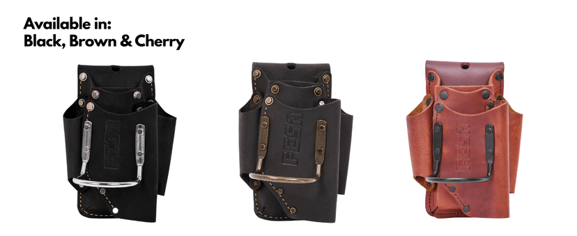 FESA Small Leather Tool Pouch - 5-in-1 Heavy Top Grain Leather Small Tool Pouch with a Steel Hammer Loop, 4 Pockets & Reinforced Heavy Duty Rivets - Fits Belts up to 3" - Handcrafted