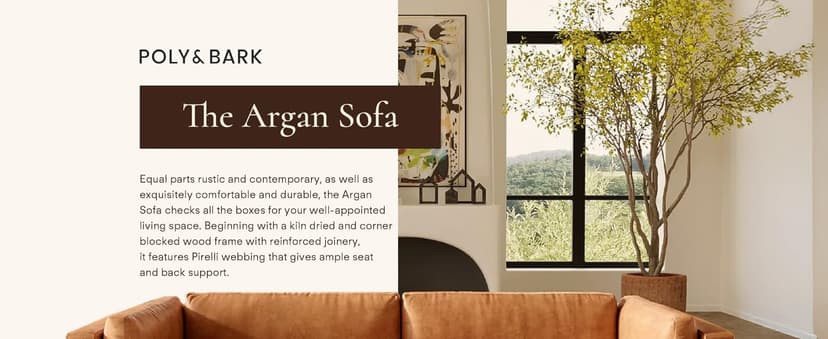 POLY & BARK Argan 93” Leather Sofa – Full-Grain Italian Aniline Leather, Feather-Down Comfort, Solid Wood Frame – Cognac Tan