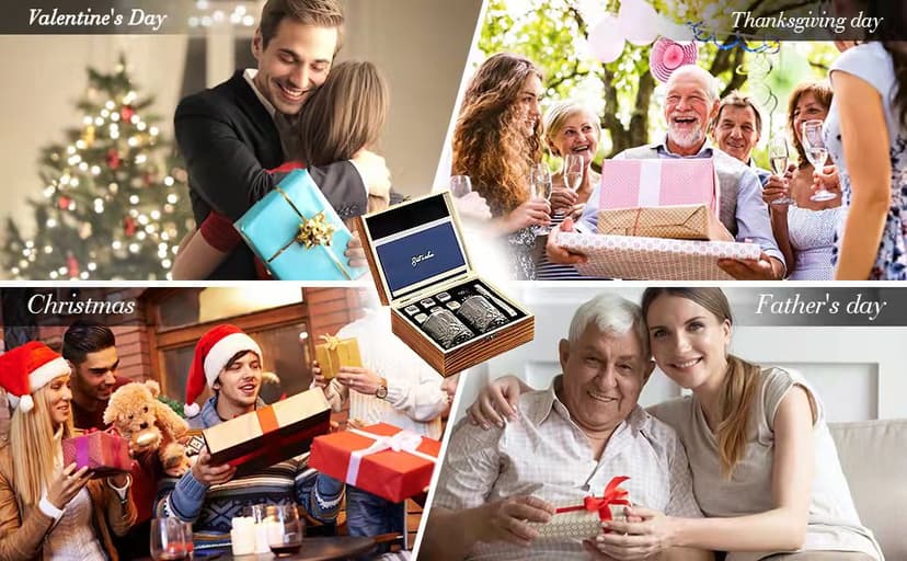 Whiskey Set Gifts for Men, DIOXADOP 6 Stainless Steel Whisky Stones 2 Crystal Whisky Glasses 1 Blessing Card in a Exquisite Wooden Box, Prepare a Gift for Whiskey Scotch Bourbon Lover