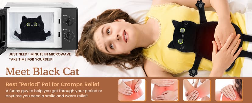 Microwave Heating Pad for Pain Relief, 17" x 9" Microwavable Heating Pads for Cramps, Back Pain, Neck Shoulder, Muscles, Knee, Joints, Natural Heat Pack Moist Heat, Black Cat