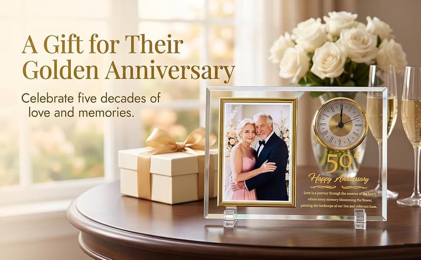 Dxaeqr 50th Wedding Anniversary Keepsake for Couples, Crystal Glass Photo Frame Clock, Golden Anniversary Present for Parents Grandparents Wife Husband, Holds 4x6 Photo B0G6WN24TD