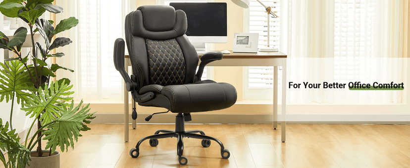 Office Chair, Big and Tall Executive Chairs with Lumbar Support for Back Pain, Breathable Desk Computer Chair with Adjustable Flip-up Armrests, Wide Cushion Swivel Home Office Chair Black PU