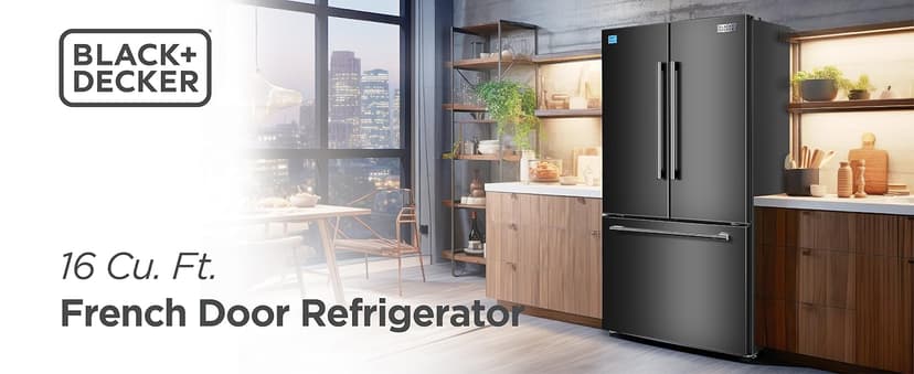 BLACK+DECKER 16 Cu. Ft. French Door Refrigerator with Built-in Ice Maker, Full Size Refrigerator with Bottom Mount Freezer Drawer, Frost Free, ENERGY STAR certified, BRF1600GIMB, Black