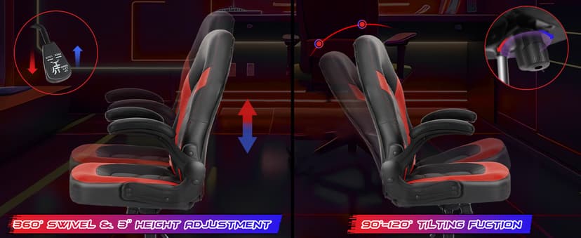 Sweetcrispy Computer Gaming Chair - PU Leather Ergonomic Lumbar Support with Flip-up Armrest and 360° Swivel Wheels, Height Adjustable Task Home Office Desk Video Racing, Red