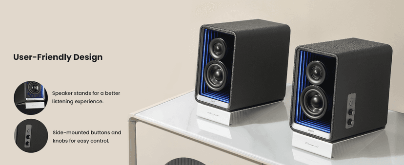 Edifier QR65 Desktop Active Monitor with 2.75" Long-Throw Aluminum Diaphragm mid-Low Drivers, Hi-Res Audio, Brilliant Light Effects, 70W Output Power Bluetooth Speakers with Stands - White