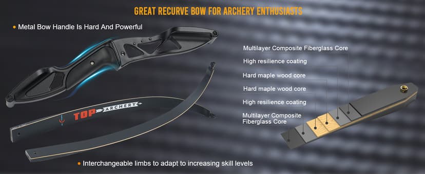 TOPARCHERY Archery 56" Takedown Hunting Recurve Bow Metal Riser Right Hand Longbow