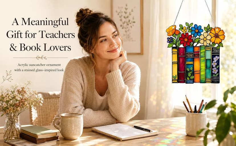 Book Lovers Gifts for Women, Book Ornament Faux Stained Glass Window Hanging, Bookish Gifts for Teacher, Librarian, Reader, Bookworm, Christmas Stocking Stuffer Tree Decorations (Floral Shelf)