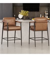 Watson & Whitely Mid Century Modern Barstools Set of 2, 26" H Upholstered Counter Height Bar Stools with Wood Armrests and Metal Legs, Fabric in Beige