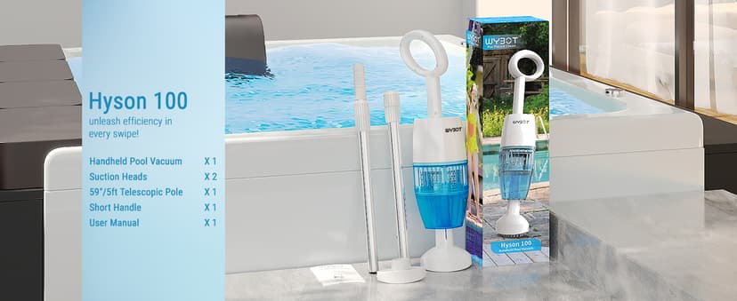 (2025 New) WYBOT Hyson 100 Handheld Pool Vacuum with Two Brush Heads, Cordless Pool Vacuum for Above Ground Pool, Telescopic Pole, 60 Mins Runtime, Deep Cleaning for Spa/Hot Tub/Small Pool