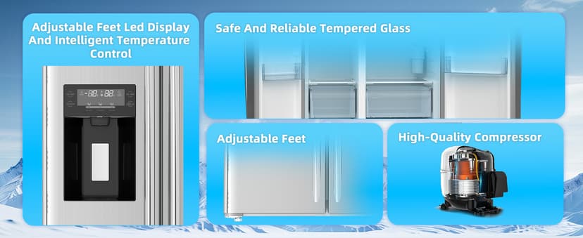 Antarctic Star French Door Refrigerator with Side Freezer, Nugget and Cube Ice Maker, Adjustable Thermostat, 20 Cu. Ft., Stainless Steel