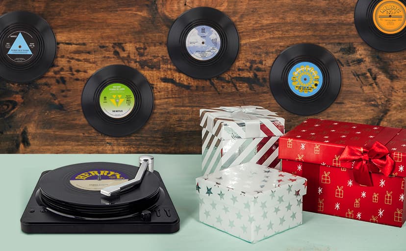 Funny Retro Record Coasters for Drinks with Vinyl Player Holder for Music Lovers,Set of 6 Conversation Piece Sayings Drink Coaster,Housewarming Hostess Wedding Registry Gift Ideas