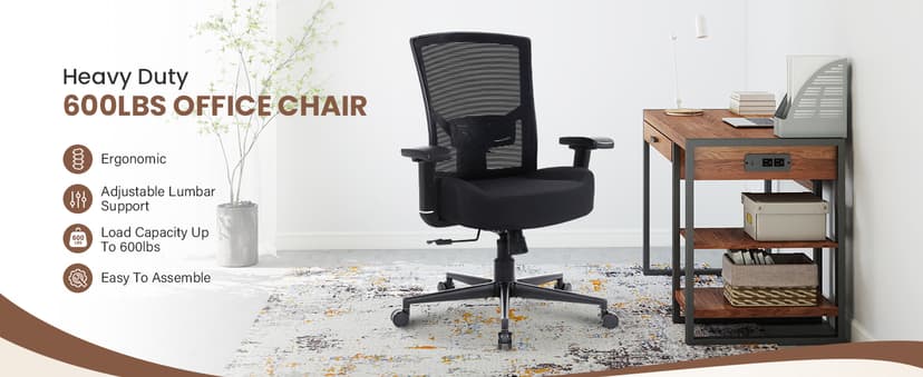 600lbs Big and Tall Office Chair with Adjustable Lumbar Support,Ergonomic Heavy Duty Office Chair for Heavy People,Mesh Desk Chair with Wide Seat for Home