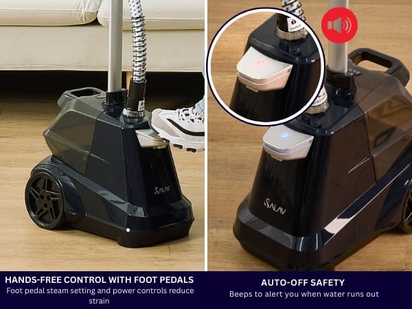 SALAV Commercial-Grade Standing Garment Steamer for Clothes with Auto-Off Safety 1800W Powerful Steam X-Large 3L Water Tank, 90-Min Continuous Use, Pedal-Control System, Beeps when Out of Water, Navy