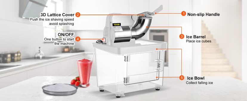 VEVOR 110V Commercial Ice Crusher 661LBS/H, ETL Approved 300W Electric Snow Cone Machine with Dual Blades, Stainless Steel Shaved Ice Machine with Safety On/Off Switch for Family, Restaurants, Bars