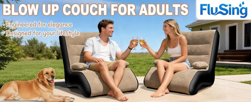 FluSing Inflatable Couch for Camping, Blow Up Couch for Adults with Armrest, Waterproof Flocked Surface Inflatable Sofa Bed Indoor, Portable Inflatable Chairs for Movie Night, Air Sofa Outdoor