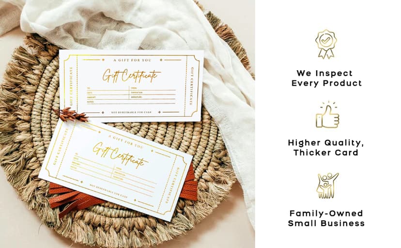 Blank Gift Certificates with Envelopes, 3.5" x 7.25" Blank Gift Certificates for Business, Christmas Gifts, Salon, Spa, Birthday, Mother’s Day or Holiday Gifting, 25 Custom Cards (Gold)