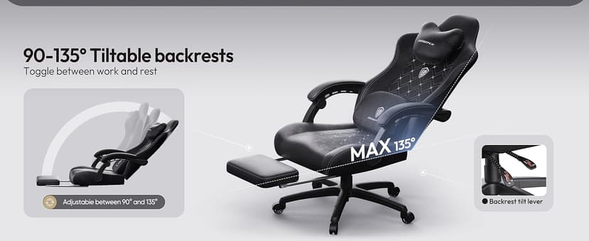 Dowinx Gaming Chair with Heated Massage Lumbar Support,Big and Tall Fabric Gaming Chairs for Adults with Footrest, Ergonomic Computer Game Chair with Poket Spring Cushions, 350lbs, Black